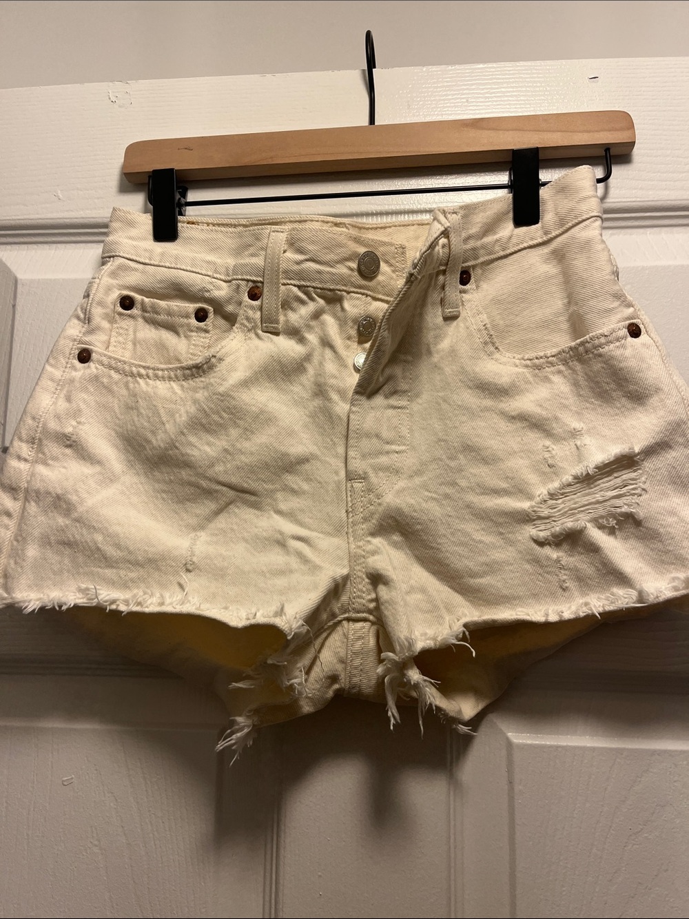 Levi's Cream Distressed Denim Cutoff Shorts